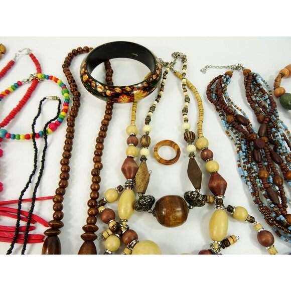 Wood Jewelry Lot 30pc Wooden Necklaces Bracelets - Picture 5 of 15
